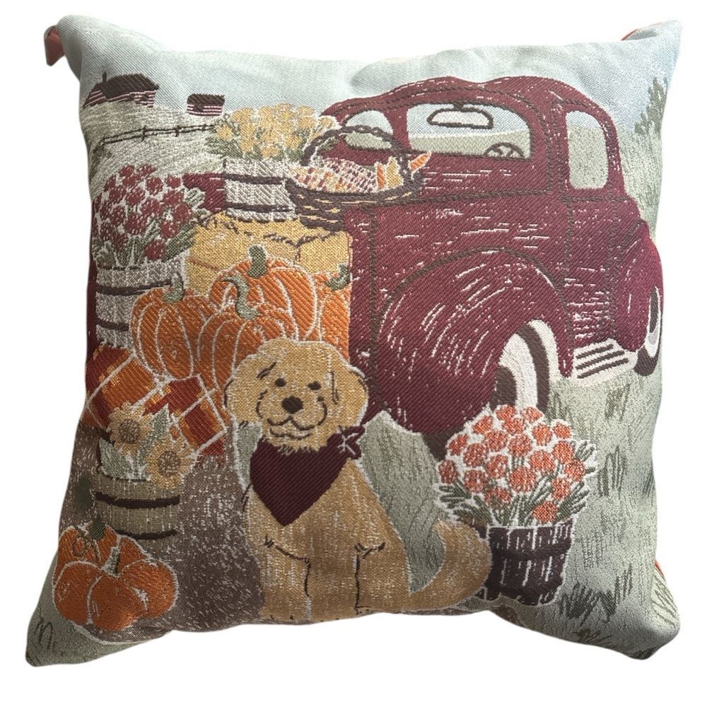 Autumn Harvest Throw Pillow with Dog and‎ Truck Design